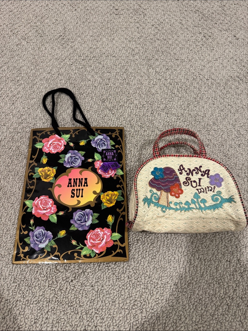 Anna Sui Cream Mini Embroidered Mushroom Tote with Teal, Purple & Red Accents